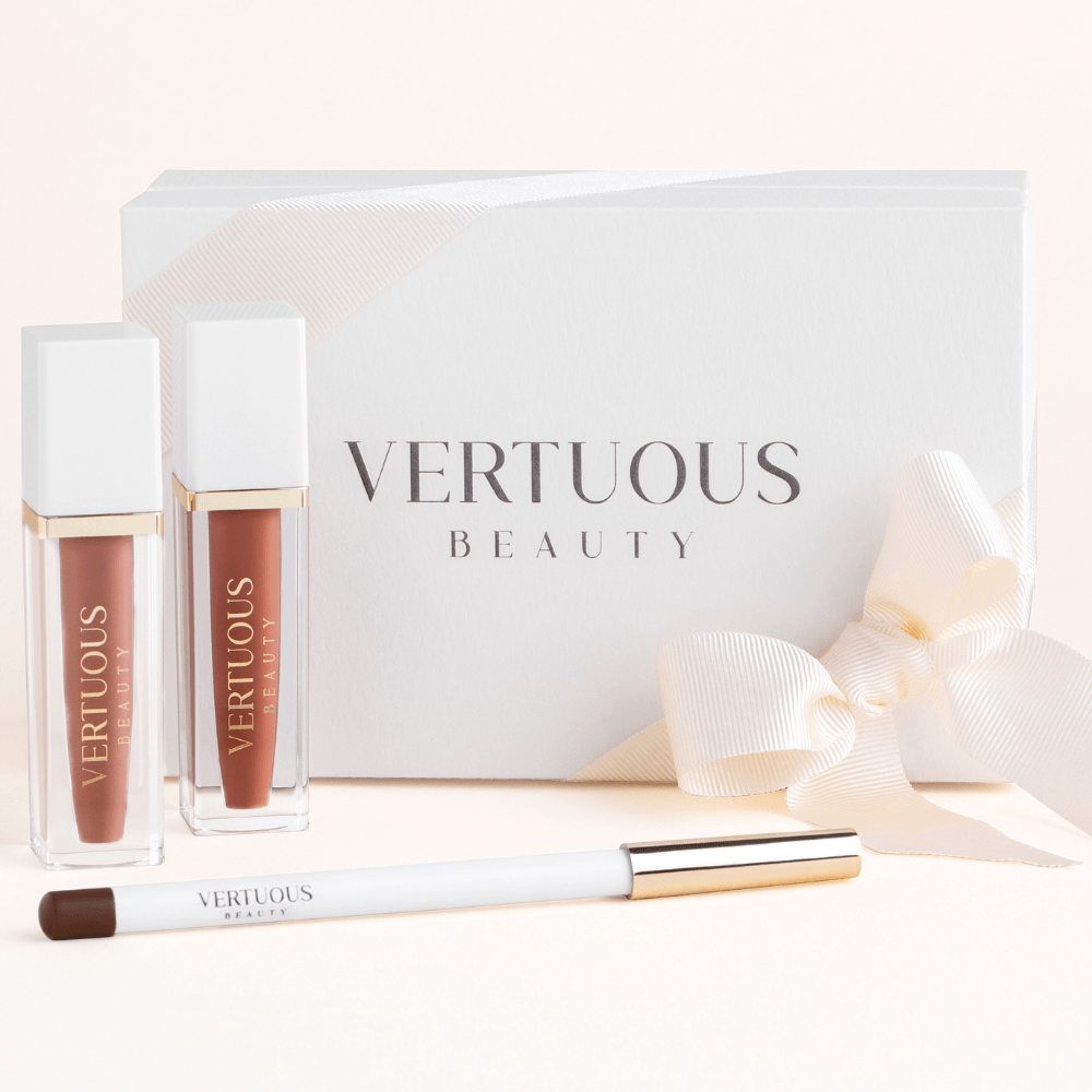 two lip glosses with lip pencil and vertuous beauty case